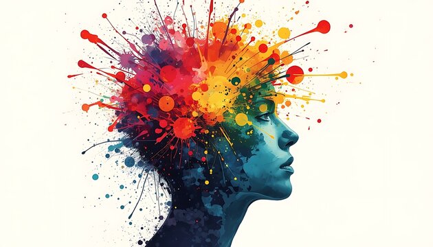 Vibrant colorful paint splashes exploding from a persons head in a creative abstract representation of thoughts and ideas isolated on white background