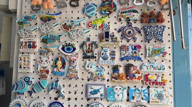 Cyprus, Larnaca, Souvenirs from Cyprus. A souvenir shop window with magnets. Memories of the island, various drawings