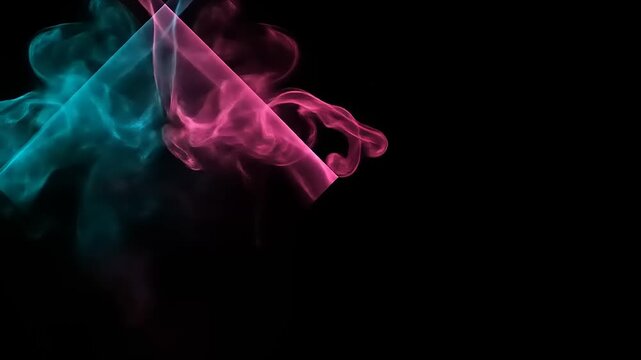 Dynamic rhombus frame formed by swirling cyan and magenta colored smoke against black background