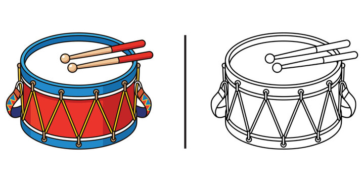 Colorful and black and white drums with drumsticks