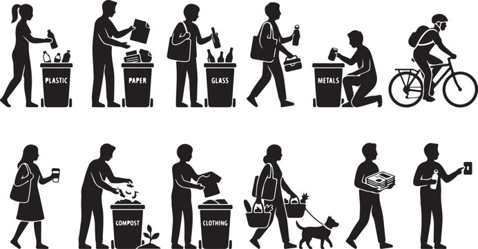 Recycling, waste management, silhouette icons, 12 black and white people throwing trash, eco-friendly vector graphics