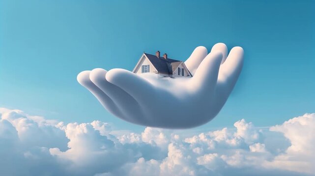 House floating on clouds transitions from a cloud base to a hand, showcasing a surreal scene against a bright blue sky with fluffy white clouds