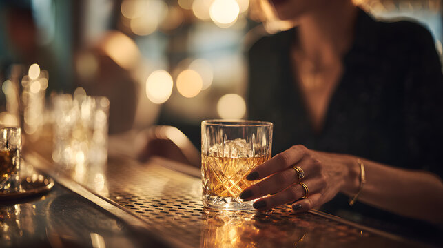 Woman holding whiskey cocktail in stylish bar during evening party, premium alcohol drink, elegant social gathering, luxury entertainment and celebration