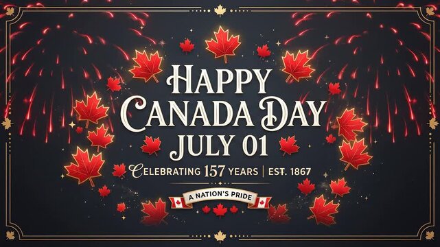 Happy Canada Day celebration banner with fireworks and falling maple leaves.