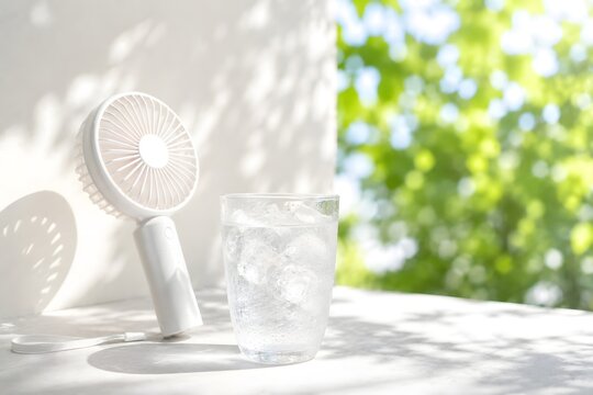 ハンディファンと冷たい氷水で表現した夏の熱中症対策イメージ
