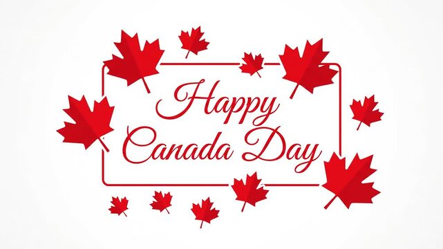 Minimalist red maple leaf frame with Happy Canada Day script on white.