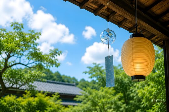 軒先に吊るされた風鈴と盆提灯が彩る日本の夏とお盆の風景