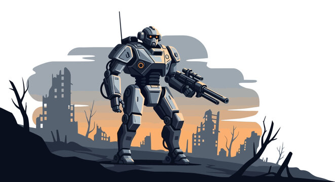 Robot warrior with large gun standing.