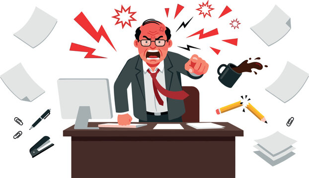 Angry Boss Shouting and Pointing at Desk with Spilled Coffee Flying Papers and Broken Pencil for Work Stress and Office Conflict Designs