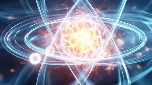 Glowing subatomic particle structure with luminous energy orbits