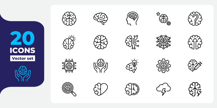 Brain vector icon set featuring human thinking concepts intelligence mind mapping artificial intelligence and mental health.