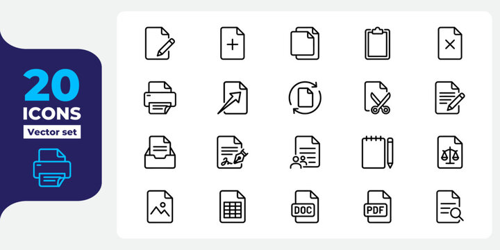 Document and file management line icons including edit add copy print share delete signature and various format symbols.