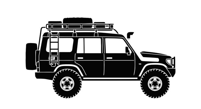 Vector illustration of black silhouette of an offroad 4x4 suv with roof rack, side view, on a transparent background