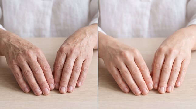 Aging hand skin recovery concept mature hand youthful hand close up comparison skin texture rejuvenation health wellness before and after table natural light