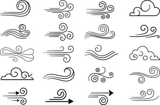 Minimalist collection of black wind blow icons and cloud symbols in bright lighting showing air movement on white background.