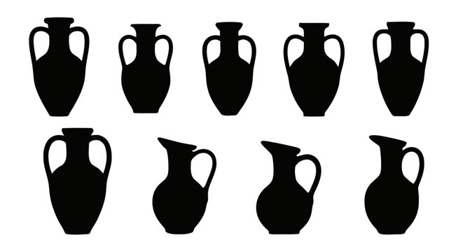 Vector illustration of set of silhouettes of ancient greek amphorae and ceramic jugs on a transparent background