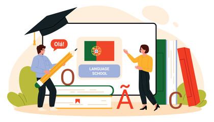 Portuguese language school concept with teacher, student, books, national flag and greeting text, showing education and foreign language course for adults, isolated on white vector illustration © Flash Vector