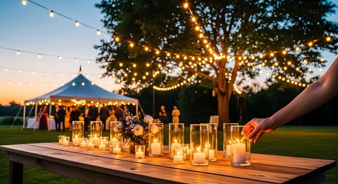Outdoor wedding reception with string lights and candles on wooden table