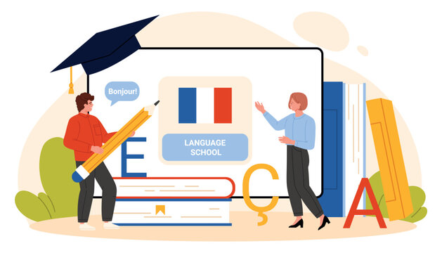 French language school concept with teacher and student, books, letters and French flag on screen, modern education and online course design isolated on white background vector illustration