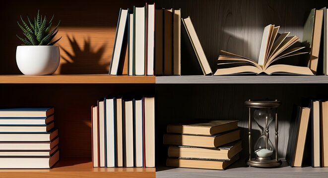 bookshelf, book collection, reading nook, home library