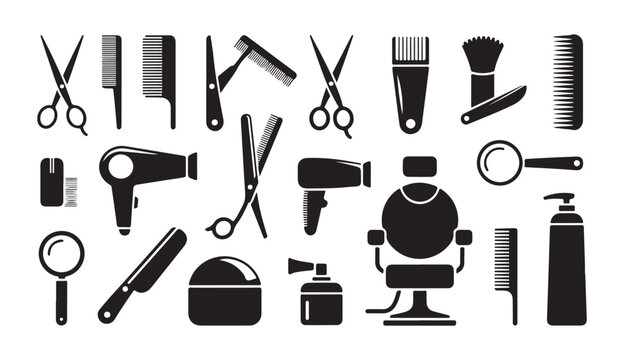 Hair salon and barbershop tools vector icons set, professional hairstyling equipment collection.