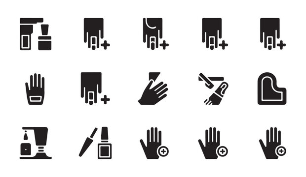 Manicure and nail care service icons with tools and hands.
