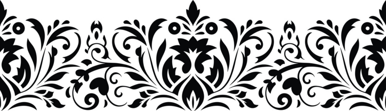 Elegant black damask floral border featuring intricate scrollwork and ornate leaves displayed against a stark white background.