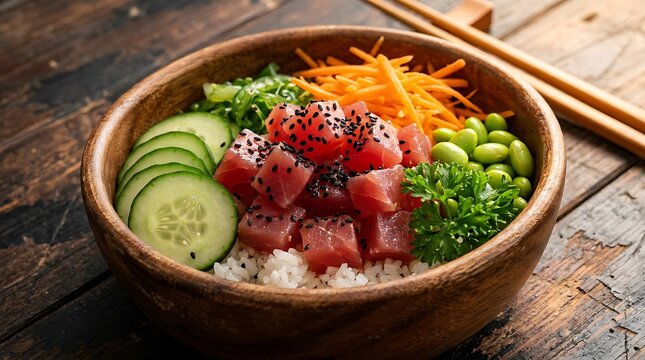 Fresh poke bowl with raw tuna and vegetables in wooden bowl