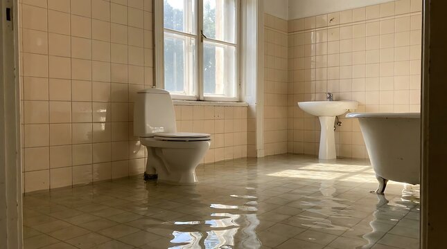 Flooded bathroom with white tiles and fixtures water
