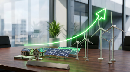 Obraz premium Green energy financial investment concept with miniature houses, solar panels, wind turbines, and rising neon arrow on office table