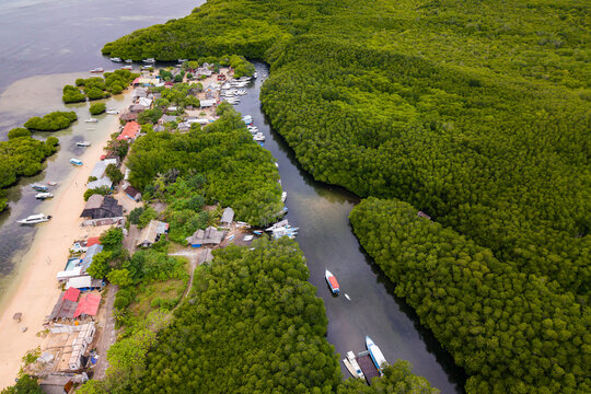 High angle view of tropical beach and mangrove forest on Nusa Lembongan island