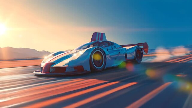 Futuristic sports car speeding down a race track at sunset with colorful motion blur and glowing light trails