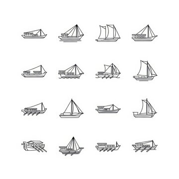 Minimalist boat and ship line icons collection on white background
