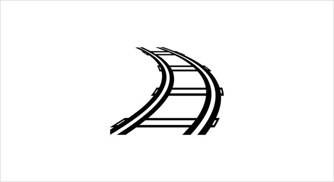 Curving Railroad Tracks in a Simple Black and White Illustration.