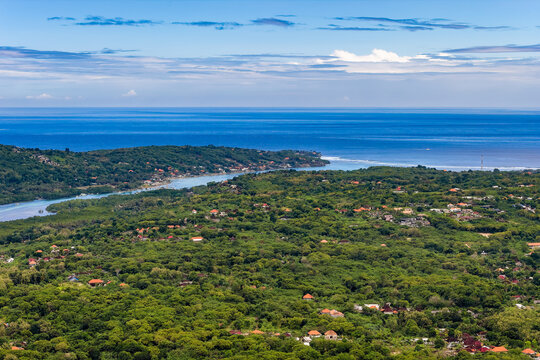 High angle view of tropical Nusa Lembongan looking towards Ceningan Island, Indonesia