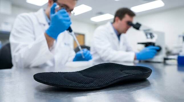 Black shoe insole on laboratory table with researchers in background