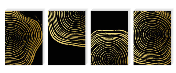 Set of templates. Luxury golden background with wood annual rings texture. Banner with tree ring pattern. Stamp of tree trunk in section. Natural wooden concentric circles. Black and bronze background © abd