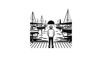 Fototapeta premium Man in Hat Watches Sunset Over Sailboat Harbor