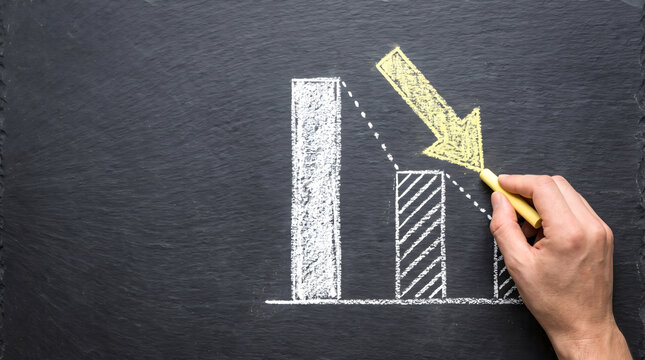 Economic decline and market crash represented by downward trend chart, Business performance analysis. Hand drawing loss and decreasing growth graph.