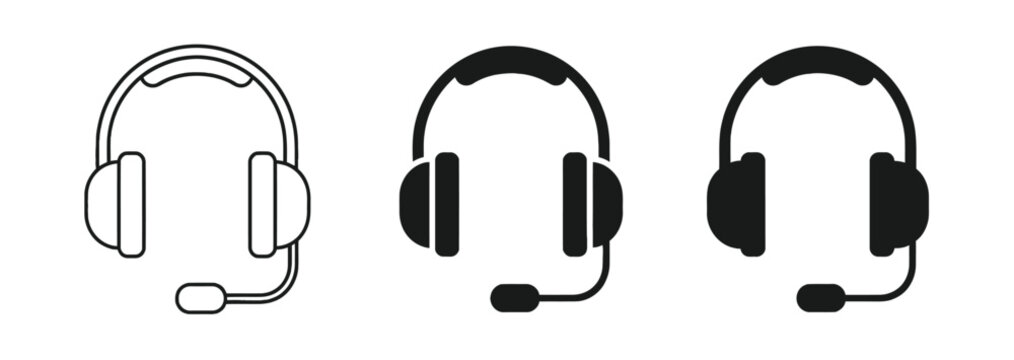 Headset icon set isolated on white background with different design styles including outline thick and solid black shapes for customer support service usage.