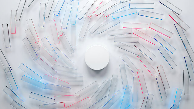 Abstract top view of medical syringes arranged in a circular pattern