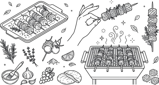 BBQ Kebabs and Skewers Vector Element Set with Grilling Station Hand Holding Shashlik Herbs and Side Dishes for Restaurant Menu Design (21 words)