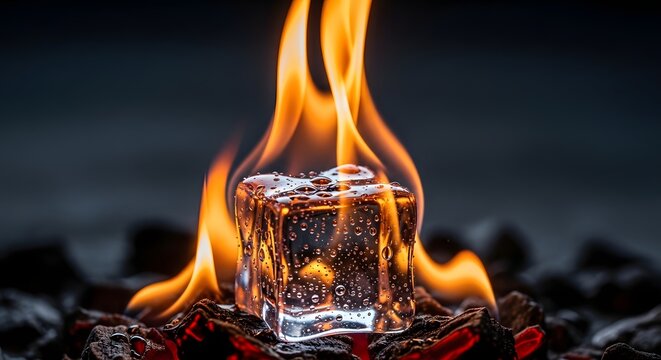 Ice cube on fire in dark surroundings. Extreme contrast and paradox concepts. A single ice cube melting while engulfed in bright orange flames