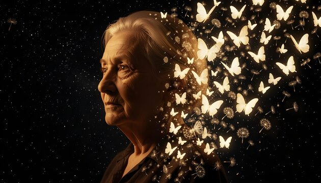 A melancholic and deeply beautiful conceptual portrait representing Alzheimer's, where an elderly figure's silhouette slowly dissolves into glowing butterflies and a starry sky.

