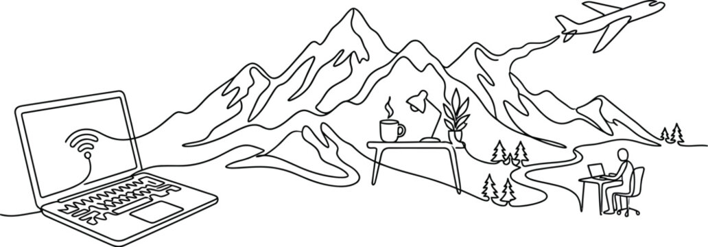 Remote worker using laptop with Wi-Fi connection in serene mountain landscape with airplane flying overhead and trees nearby
