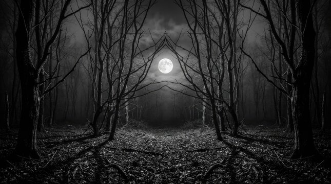 Spooky halloween forest with full moon dark and eerie woodland scene