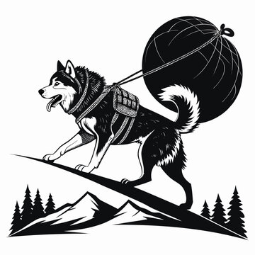Strong vector silhouette of an alaskan malamute pulling heavy load