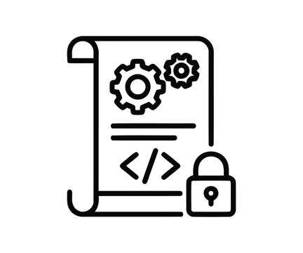 Secure coding document script with gears and padlock line icon