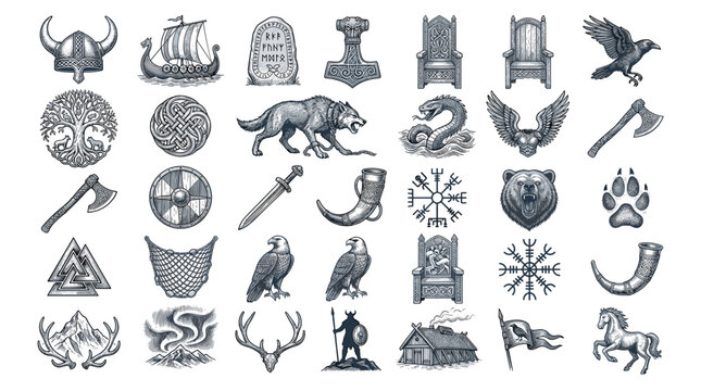 Intricate collection of Nordic and mythical symbols surface a tapestry of ancient culture