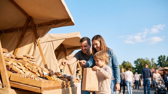 A happy family of three, including a father, mother, and young son, enthusiastically explores goods at an outdoor market stall. They are smiling, pointing at the items, and holding a shopping bag.